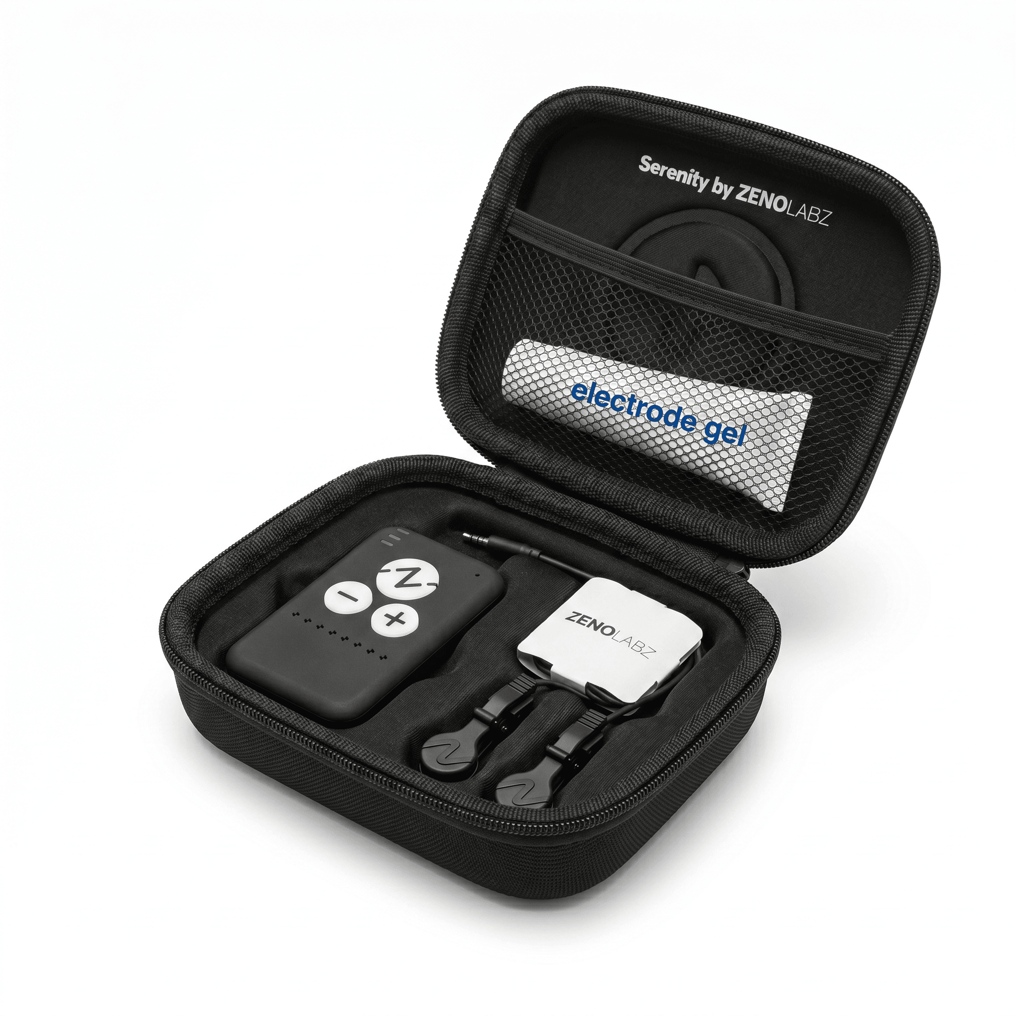 Open Serenity travel case with device, clips, gel, and accessories