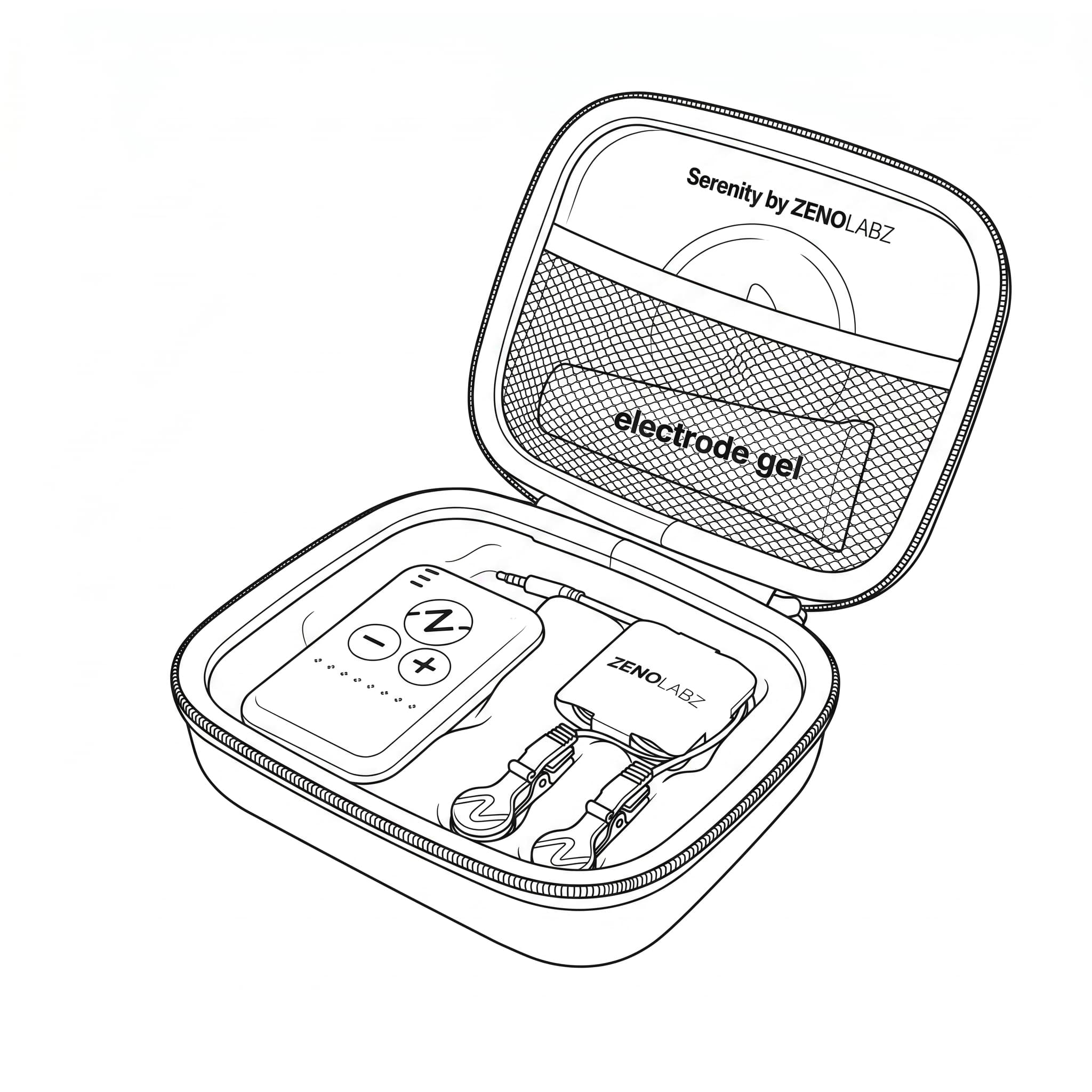 Open Serenity carrying case containing the controller, electrode cable, ear clips, and conductive gel.